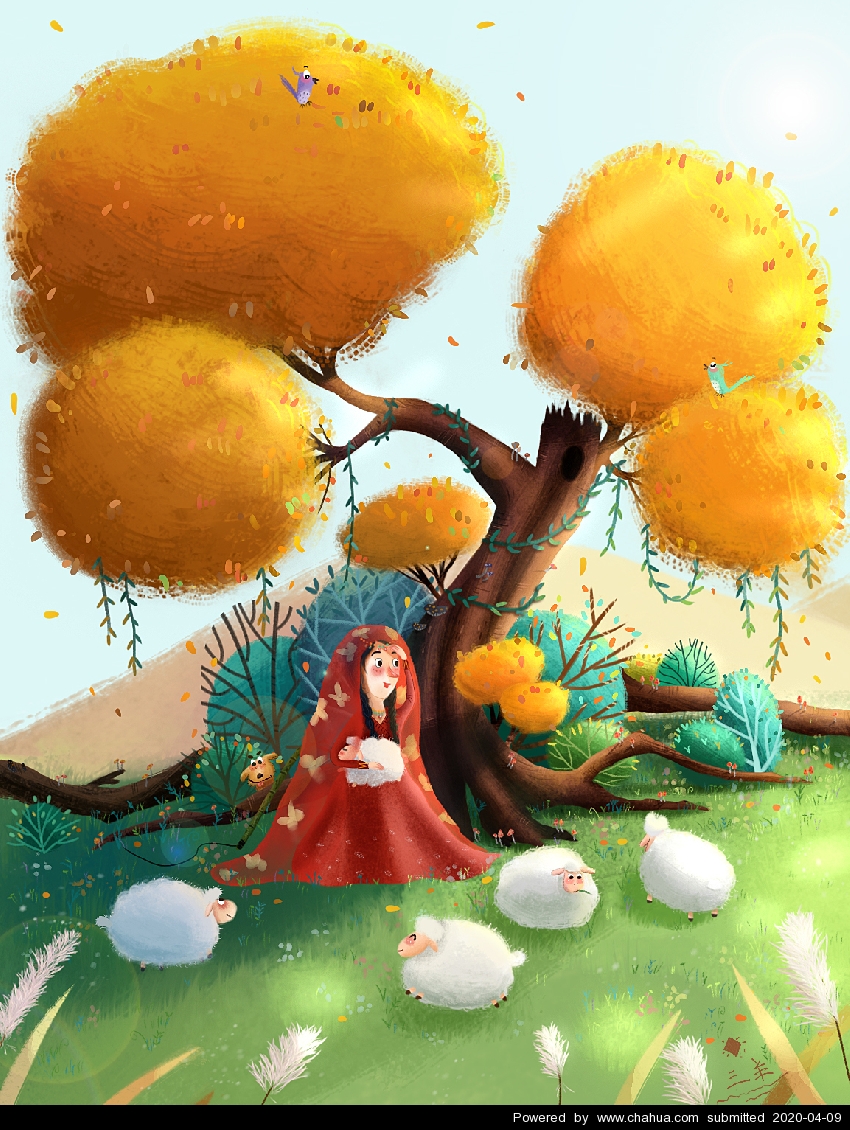 胡杨树下的牧羊女 - 蔓妞插画作品 - 中国插画画廊
